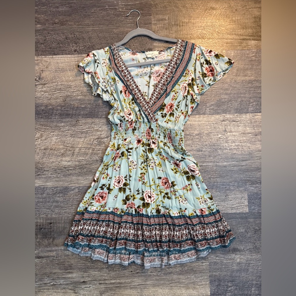 Boho Rayon Mini Women’s Dress Floral Blue Size Small Short Sleeve